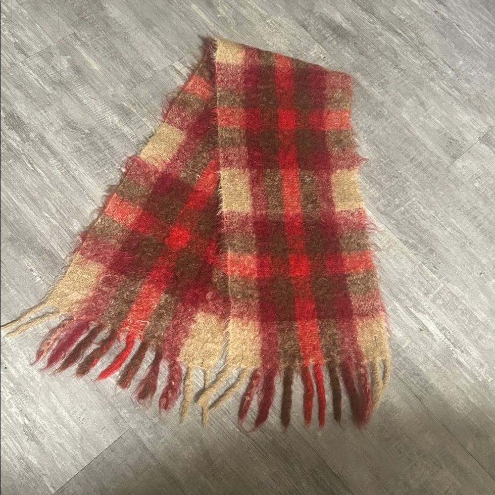 Cushendale Mohair Fringed Scarf in Red and Brown Plaid